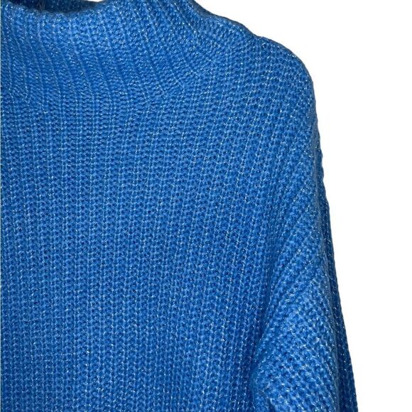 Alfani Blue/Silver Long Sleeve Boho Chunky Knit Mock-Neck Metallic Sweater - Picture 6 of 10
